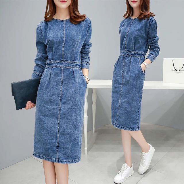 low back denim midi dress