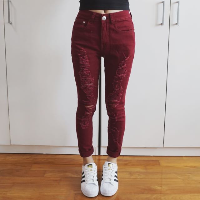maroon high waisted skinny jeans