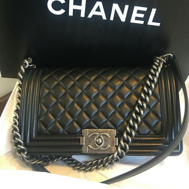 Chanel Boy Handbag Black in Grained Calfskin with Gold-Tone - US
