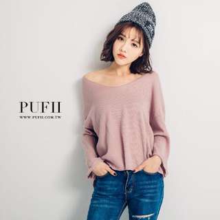 轉賣pufll 全新 正韓慵懶系大圓領落肩袖反折坑條短版針織毛衣