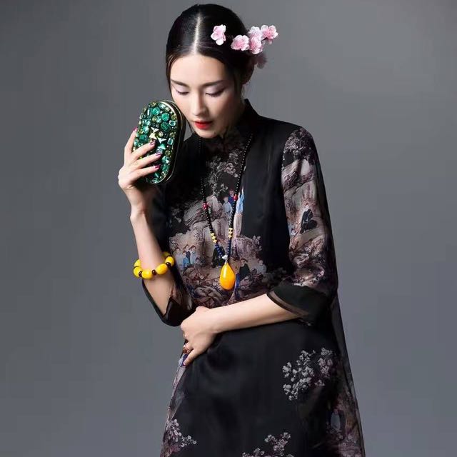 Shanghai Tang Inspired Ethnic Chinese Art Print Silk Organza