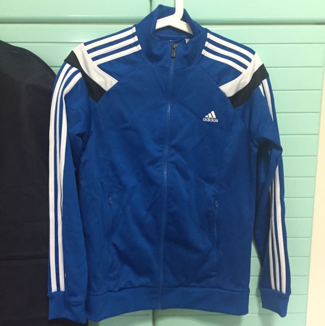 blue adidas jacket with white stripes