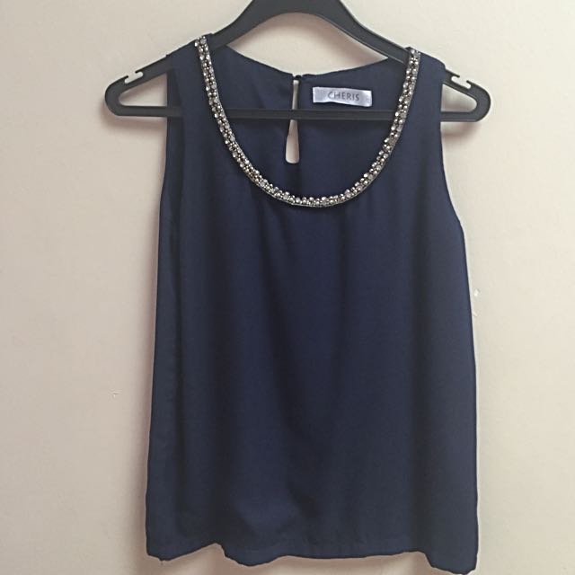 Navy Chiffon Bejeweled Collar, Women's Fashion, Tops, Blouses on Carousell