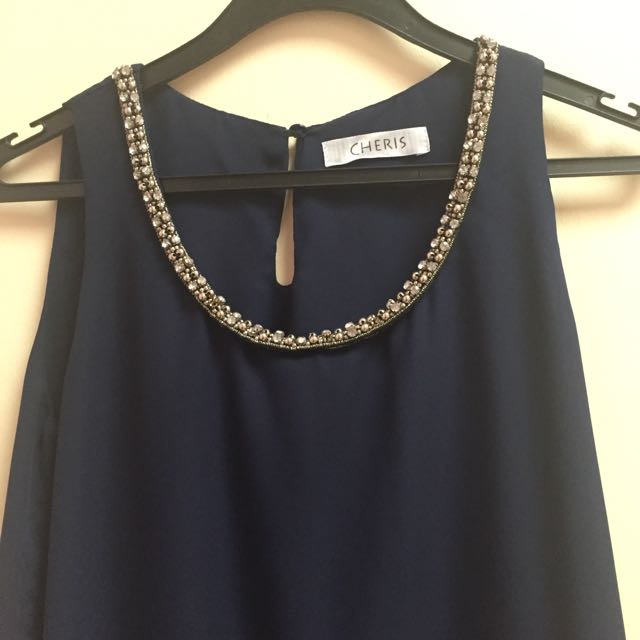Navy Chiffon Bejeweled Collar, Women's Fashion, Tops, Blouses on Carousell