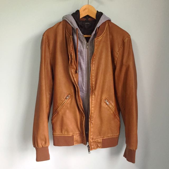 Zara Men's Leather Jacket (with Zip-on 
