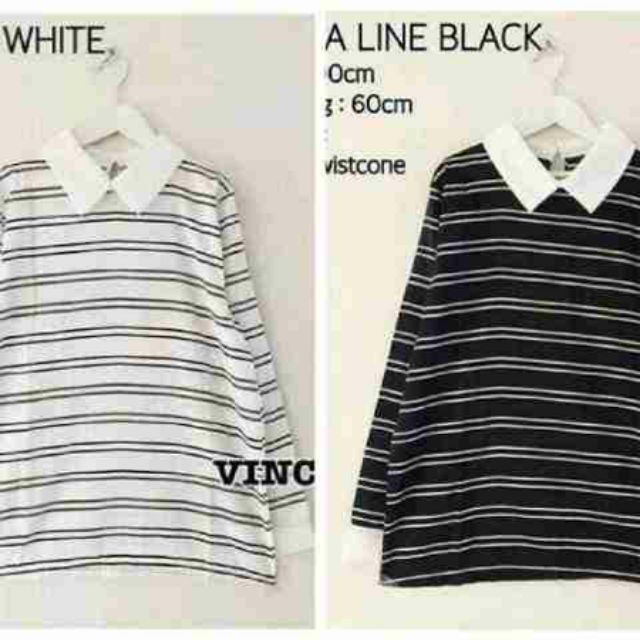 Kaos Wanita Lengan Panjang Kaos Strip Hitam Putih Lorek