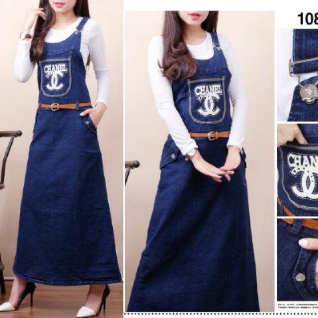 Overall Jeans Dress Cnel Hijabers With Inner Jumpsuit Rok Panjang