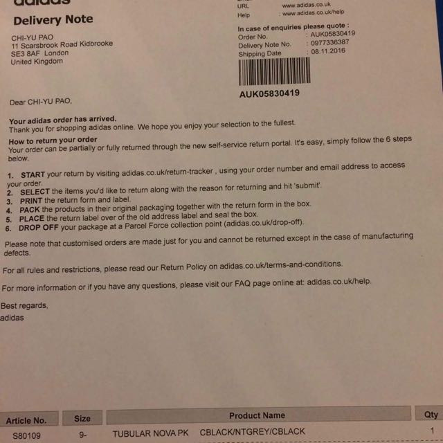 Adidas online return deals form