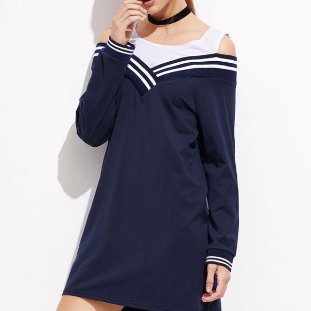 Nautical Color Block Off Shoulder Casual Chic Shift Dress Code