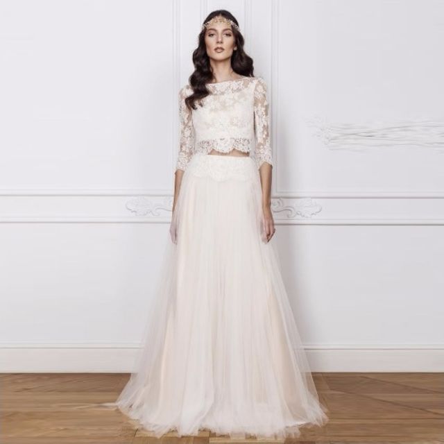Two Piece Back Button See Through Lace Wedding Dress Three