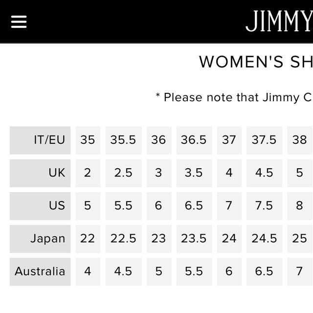 Jimmy Choo Shoe Size Conversion Chart