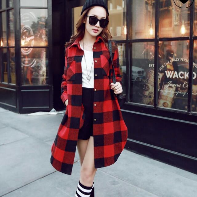 Red plaid long coat store