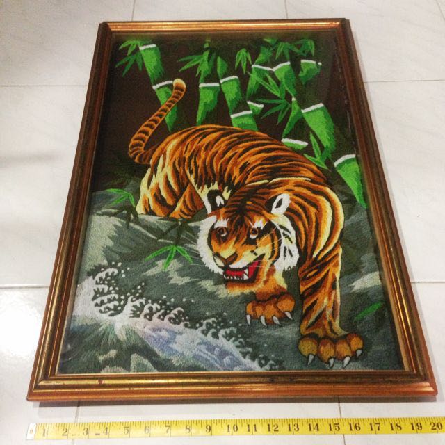 Original 1970 S Japanese Bunka Craft Hand Woven Embroidery Tiger