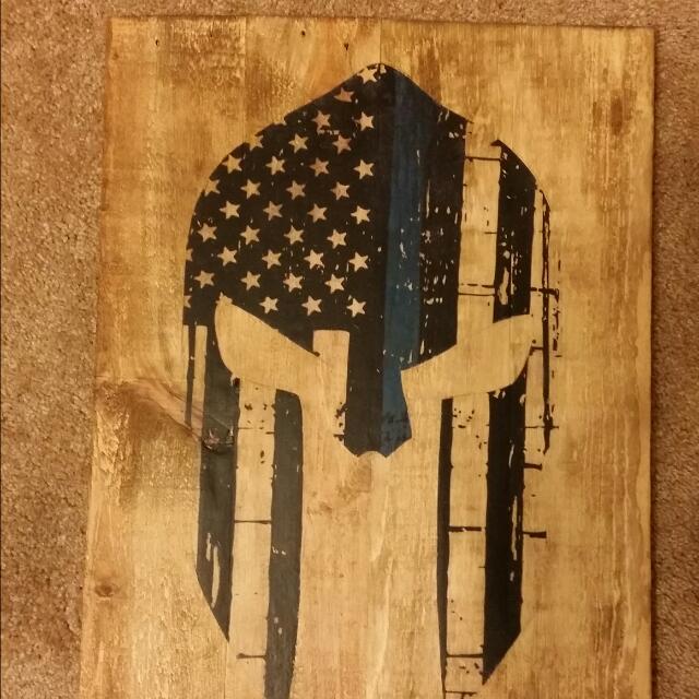 Thin Blue Line Spartan Image Transfer 13x18 On Pallet Wood 30