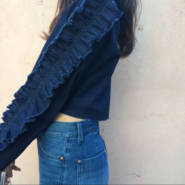 denim ruffle sleeve top