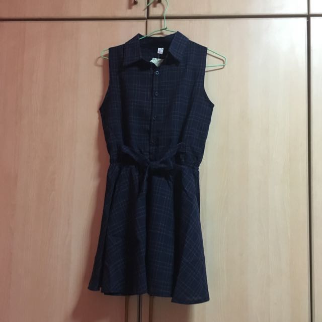 Navy Blue Checker Pattern Collared Dress - 10 main image 1