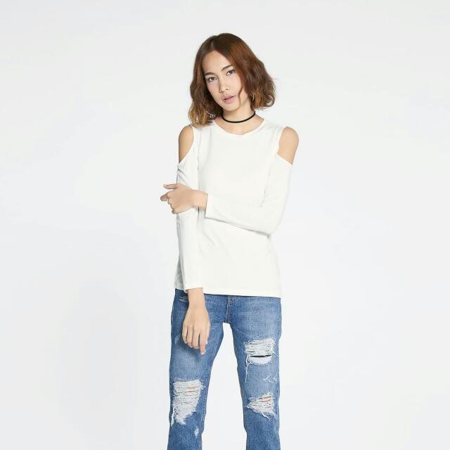 white cut out shoulder top