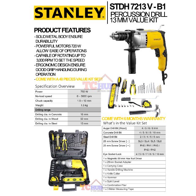 STANLEY] STDH7213V-B1 Percussion Drill 13 mm, Furniture Home