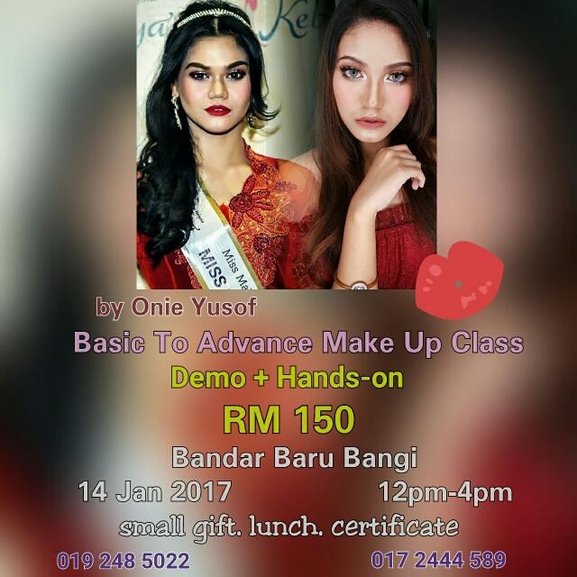 Make Up Class (Category: Makeup) located in Kuala Lumpur. Submitted by onieyusof (Listing ID 81439365, Image 1). Description: *GUYS PLS SHARE THIS POST. THANK YOU. ❤❤❤ BASIC TO ADVANCE MAKE UP CLASS VOL. 1 Date : 14 Jan 2017 Time : 12pm - 4pm Location : Seksyen 7, Bandar Baru Bangi *bawa barang sendiri ( tak cukup kita share ) *makan tengahari disediakan *sijil penyertaan diberi *small gift -kita akan belajar base / cara apply foundation dengan b