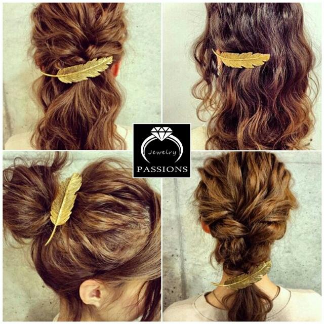 Fashion Pretty Vintage Gold Silver Metal Leaf Feather Shape Hair