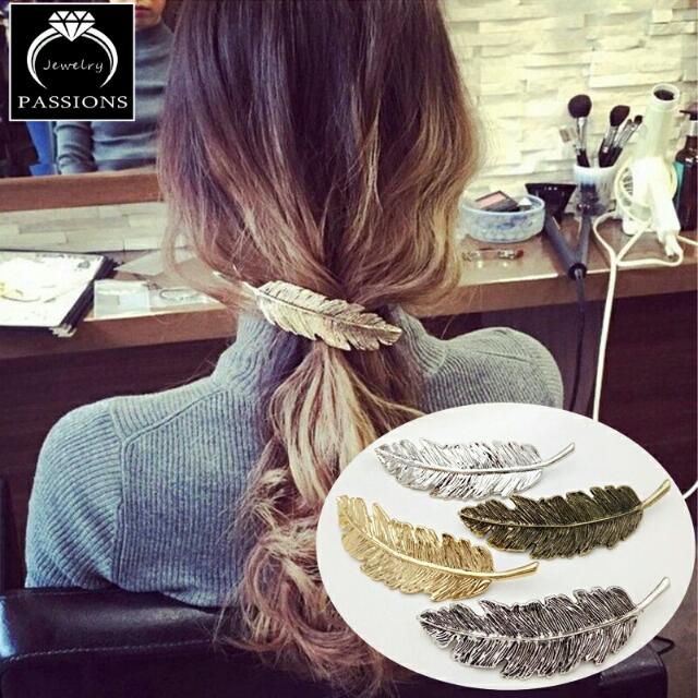 Fashion Pretty Vintage Gold Silver Metal Leaf Feather Shape Hair
