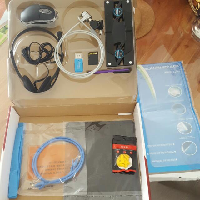 Computer Accessories Set (Category: Computer Parts) located in Singapore. Submitted by cheapngoodsg (Listing ID 81629623, Image 1). Description: COMPLETE Computer Accessories Set! Comes with: Wired Mouse + Mousepad Earphone with Mic Thumbdrive Keyboard protector SD Card adapter Stylus USB Fan Safety Lock LAN Cable Dust plug.