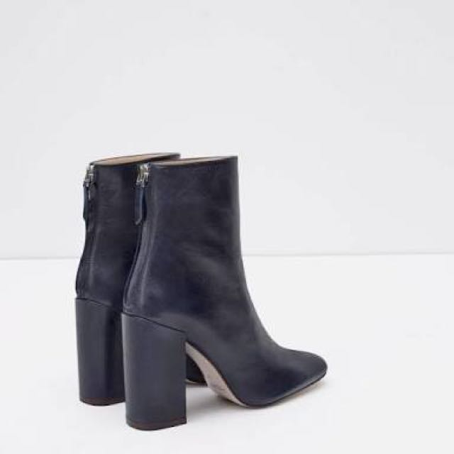 ZARA Navy Leather Ankle Boots With 