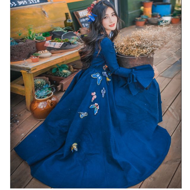 Dress Collection 2017 Classic Long Blue Dress with 3D Butterfly