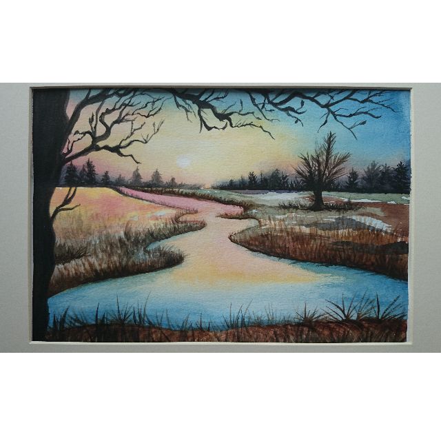 artwork handpainted original watercolour painting of a lake