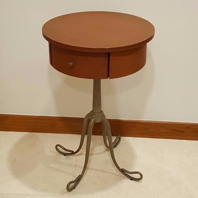 Antique Wooden Round Side Table With Wood Drawer And Metal Stand Antique Wooden Round Side Table With