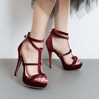 Dark Red Open Toe Heels Sandals