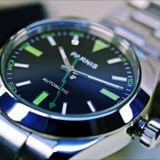 正品PARNIS柏尼時表三針全鋼閃電針日誌休閒男表自動機械手錶