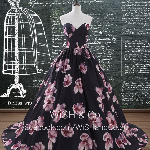 Black Floral Print Silk Satin Evening Ball Gown Sweetheart