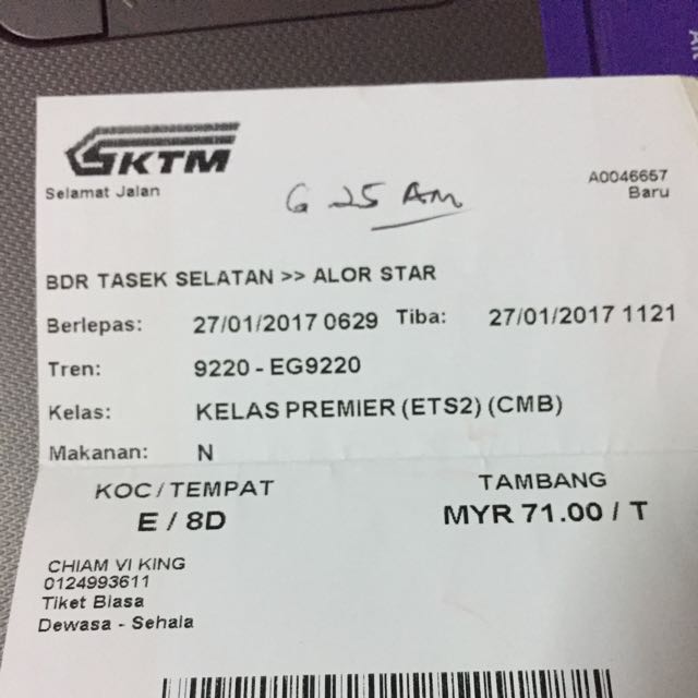 Malaysia Ets Train Ticket Kl To Penang Alor Setar Entertainment Attractions On Carousell