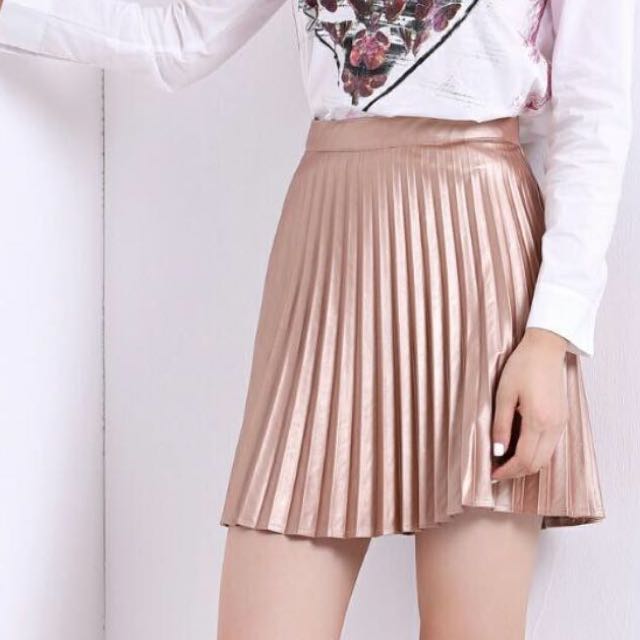 metallic pleated skirt rose gold