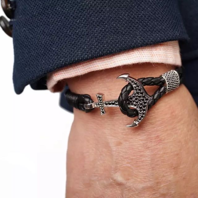 Uk Virginstone Leather Strap Anchor Charm Bracelet Encased With Uk Virginstone Leather Strap Anchor