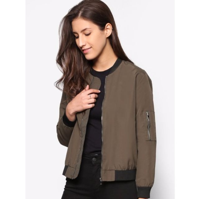 Zalora Collection Winter Fitted Bomber Jacket in Khaki Green