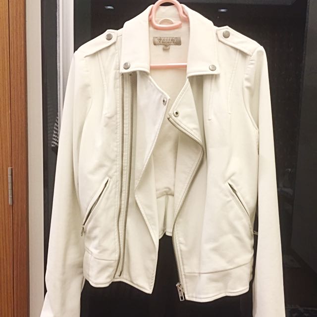 GUESS Leather White Biker Jacket Women s Fashion Coats Jackets
