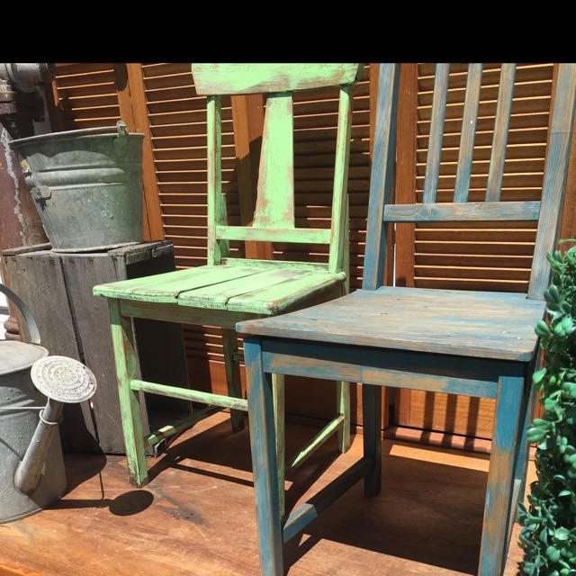 Rustic Vintage Timber Outdoor Chairs And Galvanised Cans Outdoors Rustic Vintage Timber Outdoor Chairs