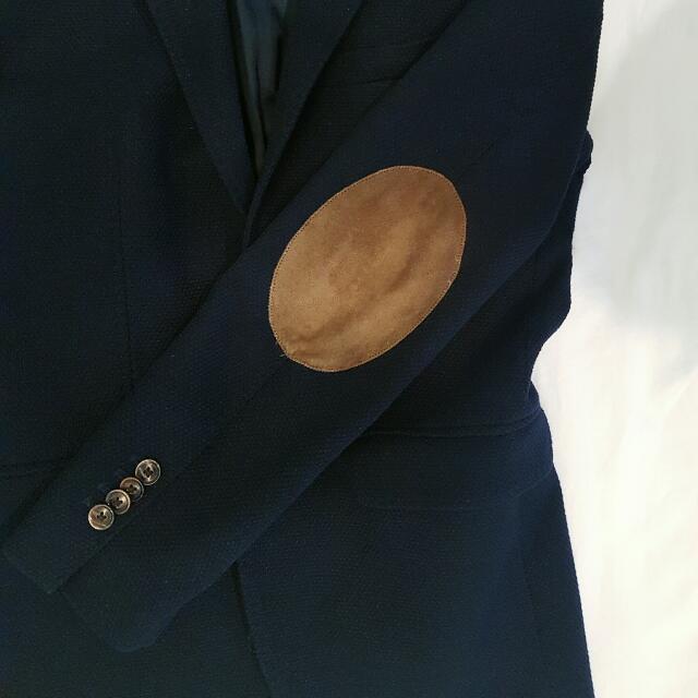 MASSIMO DUTTI NAVY BLAZER BROWN ELBOW PAD