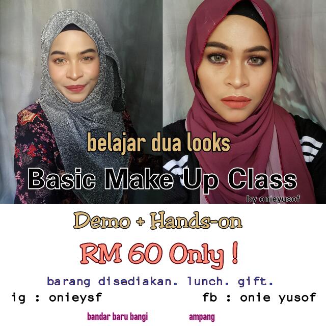 Basic Make Up Class (Category: Makeup) located in Kuala Lumpur. Submitted by onieyusof (Listing ID 85908387, Image 1). Description: Assalammualaikum BASIC MAKE UP CLASS Date : 5 February 2017 Time : 12pm - 3pm Location : Seksyen 7, Bandar Baru Bangi *barang disediakan *makan tengahari disediakan *small gift -kita akan belajar base / cara apply foundation dengan betul -shading, sclupting dan highlighting teknik -cara blend eyeshadow dengan betul -