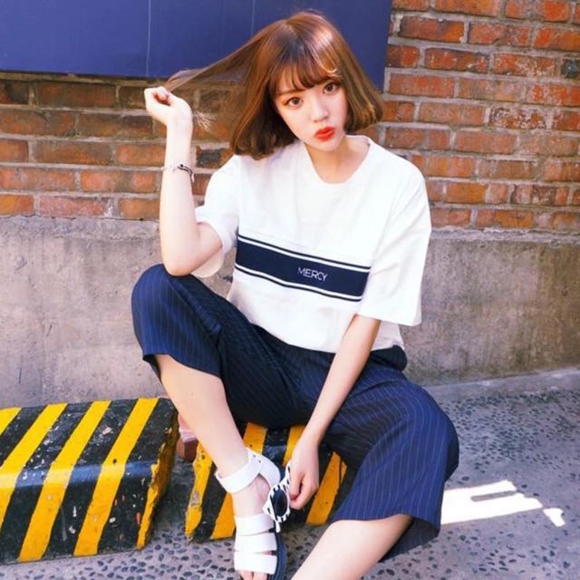 Po Ulzzang Korean Girl Casual Tshirt Street Style Oversized Tee Blue White Bulletin Board Preorders On Carousell