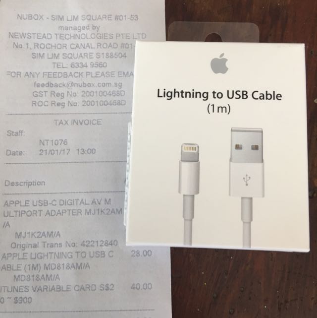 Authentic Lighting Cable Apple W Nubox Receipt, Mobile Phones