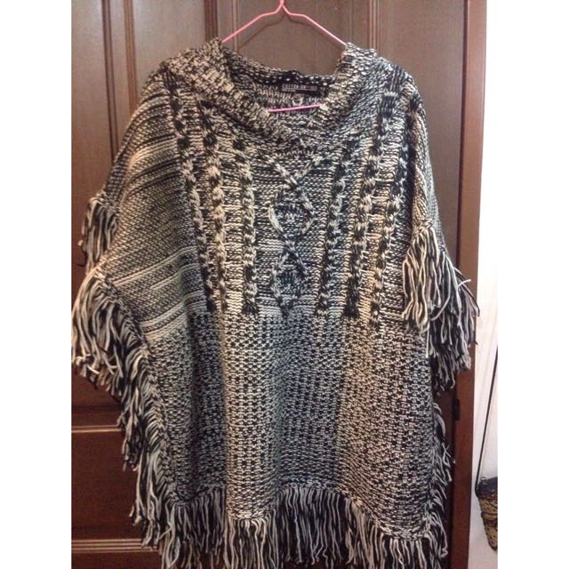 Cotton On Winter Hooded Knitted Tassel Sweater Poncho Cape