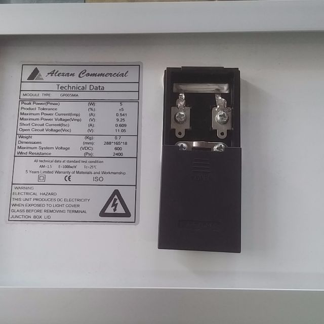 Solar Panel 5 Watts (Category: Lighting) located in Makati City. Submitted by carlosng07 (Listing ID 86709553, Image 3). Description: Solar panel 350 each check pictures for specs Alexan solar panel specs: Peak power: 5 Watts Max Power Voltage (Vmp): 9.25V Max Power Current (Imp): 0.541A Open Circuit Voltage (Voc): 11.05V.