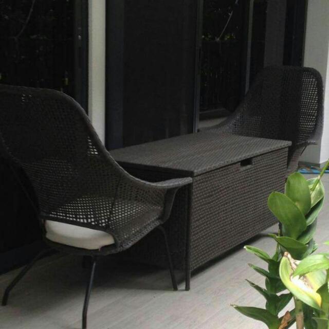 Outdoor furniture Storage table with 2 arm chairs, Furniture & Home Living, Furniture, Tables