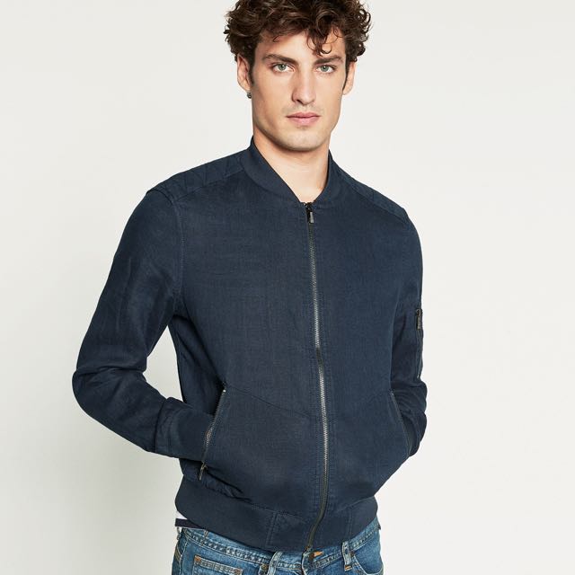 Basic Zara Linen Bomber Jacket In Blue For Men Fesyen Pria Pakaian Di Carousell