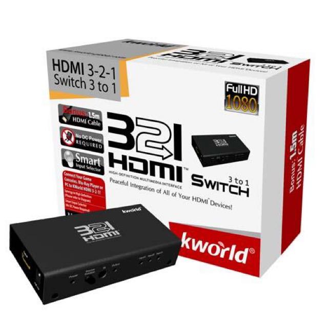 KWorld HDMI 3-2-1 3 Ports HDMI Switch with Remote Control, TV & Home ...