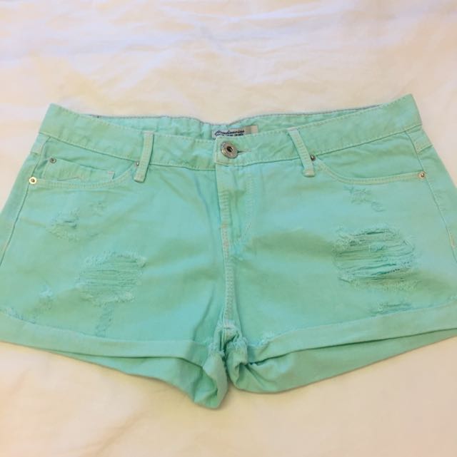 Mint green denim shorts clearance