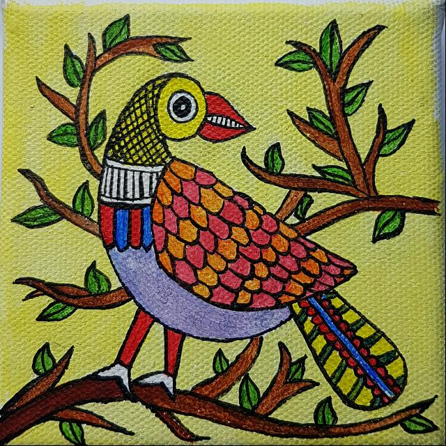 Madhubani Bird Painting On Canvas Acrylic Design Craft Art